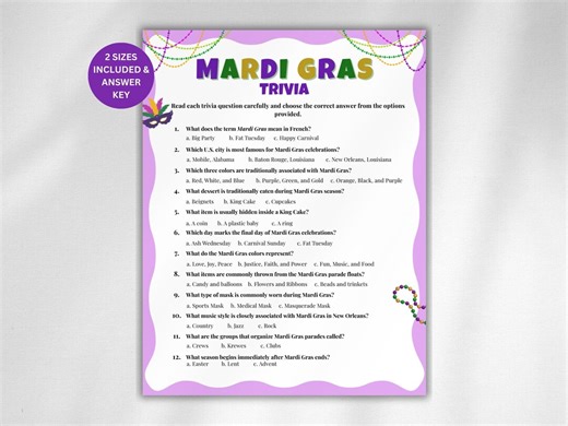 Mardi Gras Trivia Game, Mardi Gras Activity for Kids Teens Adults Seniors, Mardi Gras Classroom Activity, Fat Tuesday Office Game - Etsy