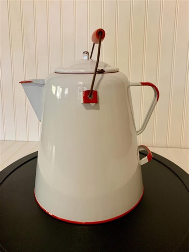 Vintage White Enamel Coffee Pot, Red Trim, Cowboy Kettle, Wood Handle - Etsy