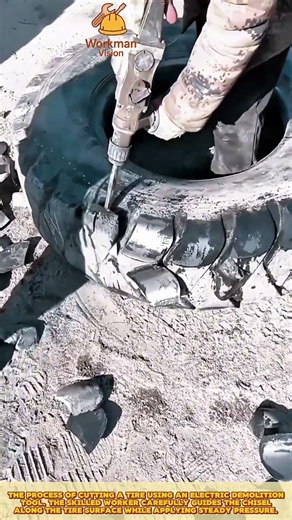 Cutting Tire Using Electric Demolition Tool for Material Separation