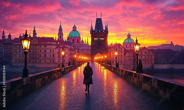 A solitary figure walks on Charles Bridge in Prague at sunrise
