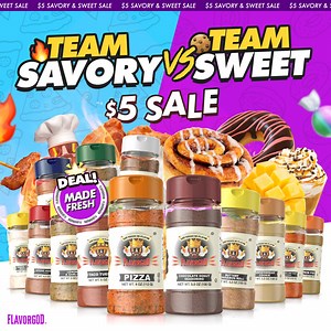 20K views · 10K reactions |  $5 SEASONING SALE Are you Team Savory, Sweet, or Both!?  . We have 13 delicious seasonings to select from at ONLY $5 each! This deal won't last long FlavorGod Seasonings:⁠ Made Fresh⁠ Gluten free⁠ Paleo⁠ KOSHER⁠ Low salt⁠ NO MSG⁠ NO SOY⁠ Shelf life is 24 months Claim One or All of these amazing deals before it's too late! | Flavor God | Facebook