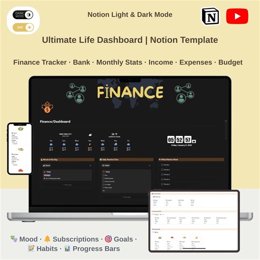 Ultimate Finance Tracker Life Dashboard Notion Template Budget Planner Subscriptions Goals Light & Dark Mode - Etsy Canada