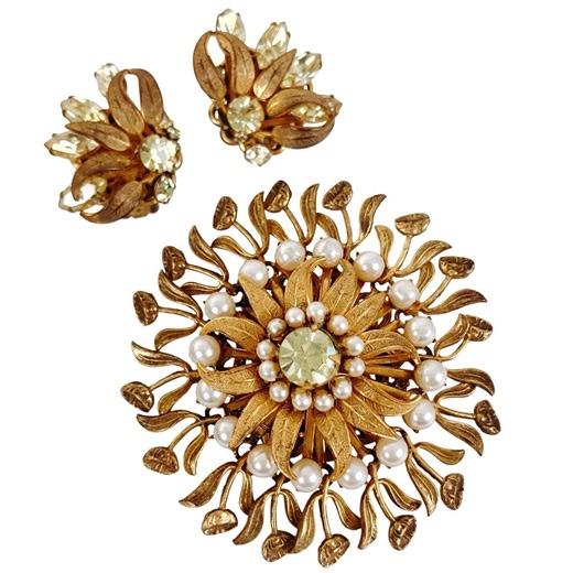 Signed Miriam Haskell Mid Century Gold Tone Pearl Rhinestone Brooch Earring Set - Etsy
