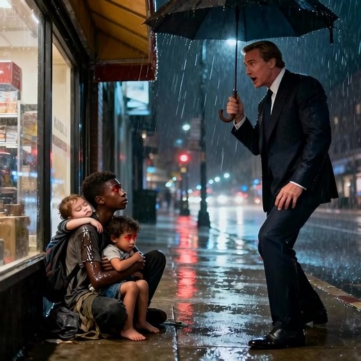 In the pouring rain, a billionaire stopped when he spotted a thin, shivering boy crouched under a storefront awning, clutching two small children in his arms. He stepped closer and gently asked, “Where are your parents?” The boy looked up, eyes red but determined: “I’m their parent… I take care of them.” The billionaire felt his heart crack open. And from that moment on, the lives of those three children changed forever. The rain was coming down in violent sheets, the kind that turned sidewalks 