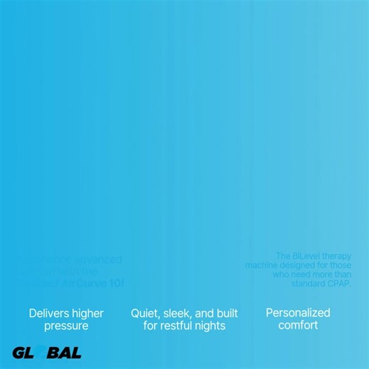 💨 𝗕𝗿𝗲𝗮𝘁𝗵𝗲 𝗲𝗮𝘀𝗶𝗲𝗿. 𝗦𝗹𝗲𝗲𝗽 𝗱𝗲𝗲𝗽𝗲𝗿. 🌙 Experience advanced comfort with the 𝗥𝗲𝘀𝗠𝗲𝗱 𝗔𝗶𝗿𝗖𝘂𝗿𝘃𝗲 𝟭𝟬 — the BiLevel therapy machine designed for those who need more than standard CPAP. ✨ Delivers higher pressure when you inhale, lower when you exhale ✨ Personalized comfort with intelligent pressure support ✨ Quiet, sleek, and built for restful nights Premium technology for the perfect night’s sleep. 💙 Contact Us Today! 𝙂𝙡𝙤𝙗𝙖𝙡 𝙎𝙡𝙚𝙚𝙥 𝘾𝙖𝙧𝙚 𝘾𝙚𝙣𝙩𝙧𝙚 