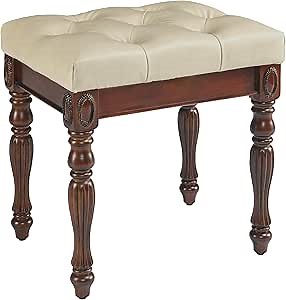 Vanity Bench Stool with Upholstered Seat, Piano Bench with Solid Wood Carving Legs, Home Chairs Button Padded Cushion, Makeup Dressing Bench, No-Tools Assembly, Cherry Walnut Leg & Beige FD1533BG