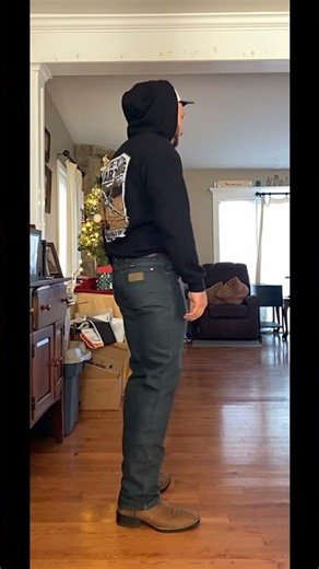 My new Wrangler slim fit jeans in gray/charcoal with my Ariat cowboy boots.