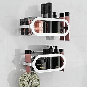 D&E Living Co. Modern Shower Shelf Adhesive Bathroom Shower Organizer Stainless Steel Shower Caddy Adhesive, Elegant Rust-Proof Shower Rack, No Drilling Shower Storage, Shower Wall Organizer- Silver