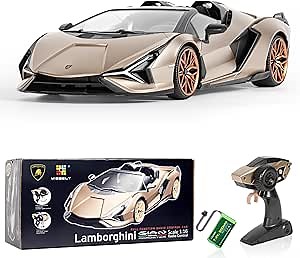 MIEBELY Lamborghini Remote Control Car, 1:16 Scale Lambo Toy Car 7.4V 500mAh Officially Licensed 12Km/h Rc Cars with Led Light 2.4Ghz Model Car for Adults Boys Girls Birthday Ideas Gift (Champagne)