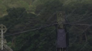 British telephone poles with a nest of wires and blue sky background