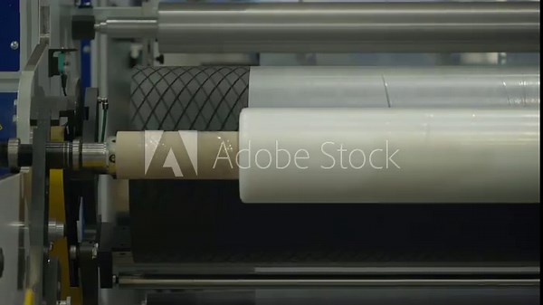 Automated factory machine deals with the plastic film material processing. Plastic film attached to the machine rollers. Machine spinning the roll of the plastic film material. Industrial line.
