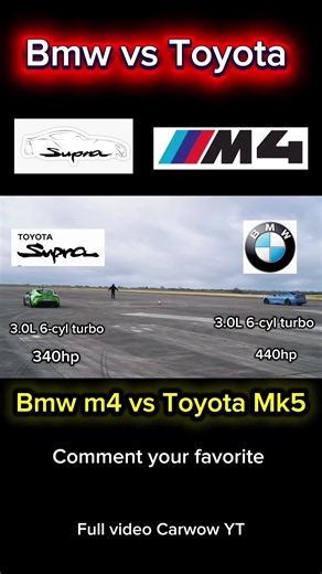 Bmw M4 vs Toyota Supra mk5 drag race ! 🗿 Full video Carwow YT #bmwm #m4 #toyota #supra