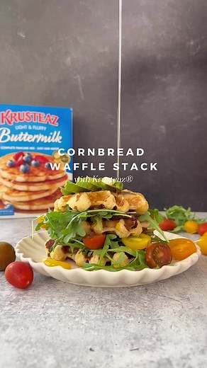 You’d batter believe we’ve found a way to use my favorite pancake mix to create a Cornbread Waffle Stack with Chipotle butter… a sweet savory dish that I could eat for breakfast, lunch OR dinner! 🥞 The combination of savory cornbread flavor, with the slight spice of arugula and chipotle butter, the salty crunch of bacon and a drizzle of sweet maple syrup is out of this world!!! We keep Krusteaz STOCKED because this mama can always make a batch of pancakes easily when all you have to do is add w