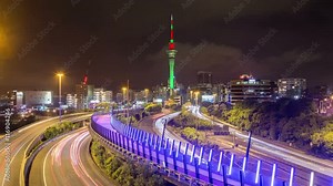 Time lapse of a freeway and skyline of Auckland, New Zealand.