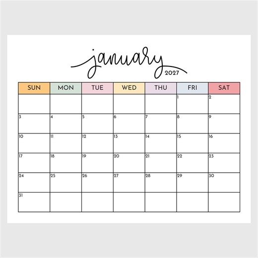 2027 Calendar Printable, Monthly Planner Landscape, Minimal Monthly Calendar 2027 Printable, Sunday Start Letter Wall Calendar Download - Etsy