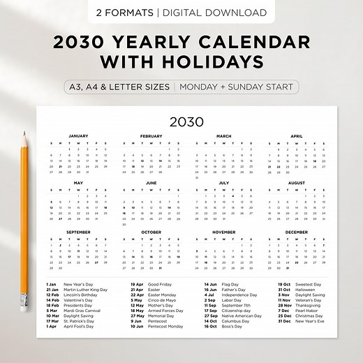 2030 Yearly Calendar With Holidays | Printable Year Overview | Minimal Yearly Planner | Sunday and Monday Start | Instant Download - Etsy Canada