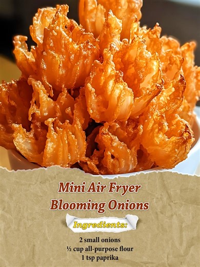 Mini Air Fryer Blooming Onions Ingredients: 2 small onions ½ cup all-purpose flour 1 tsp paprika 1 tsp garlic powder ½ tsp cayenne pepper (optional) Salt and pepper to taste 1 large egg ¼ cup milk Cooking spray or oil for misting Ranch or favorite dipping sauce Directions: Prepare onions: Peel onions and trim root slightly, keeping base intact. Slice into 8 sections without cutting through the base. Gently separate petals. Season flour: Mix flour, paprika, garlic powder, cayenne pepper, salt, an