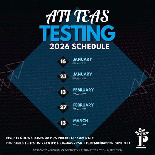 Need ATI TEAS Testing? February and March dates are now available at our Testing Center! Limited seating is available. Visit https://www.atitesting.com/teas/register to register today! | Pierpont CTC Career and Corporate Training