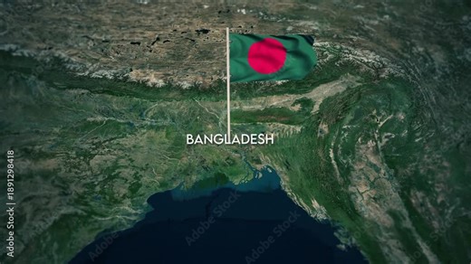 The Flag of Bangladesh on the World Map, Bangladesh flag waving on 3D map animation 4K.