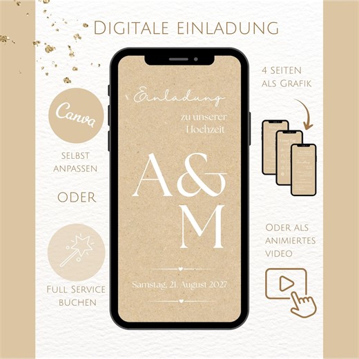 Digital Wedding Invitation Vintage Kraft Paper - Customizable Canva Template - Minimalist - DIY Wedding - Send via Whatsapp - Etsy