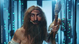 Curious primitive caveman in animal fur exploring futuristic room of data center, discovering modern technology and traveling in time. Prehistoric savage. Wildlife and civilization.