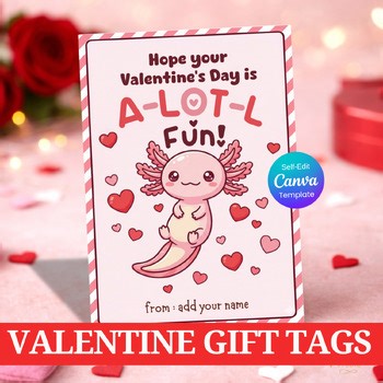 Valentine Gift Tags | Axolotl Valentine | Editable Valentine Tags | Canva Templa