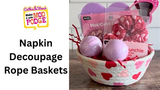 4.5K views · 45 reactions | Learn how to napkin decoupage rope baskets with paper napkins and Mod Podge. Cathie from Handmade Happy Hour with Cathie Filian is teaching technique and creating a cute mini Valentine gift basket.  Learn more about Mod Podge at plaidonline.com/brands/mod-podge​  Watch more Make It With Mod Podge: bit.ly/MakeItWithModPodge  Sign up for our newsletter! plaidonline.com/email-signup | Plaid Crafts | Facebook