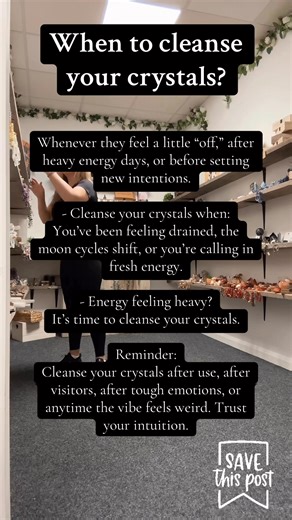 When to cleanse your crystals Cleansing your crystals keeps their energy fresh, aligned, and ready to support your intentions. Here are the moments when a cleanse is most helpful: ⸻ 🌕 1. During Moon Phases • New Moon: Reset, renew, release old energy • Full Moon: Recharge, amplify intentions (This makes great monthly ritual content!) ⸻ 🤍 2. After Heavy Emotions Cleanse after: • Emotional release • Stressful days • Difficult conversations • Tough client sessions Crystals absorb what you release