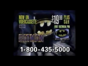 Batman ('89): VHS w/ free pin 1-800 TV offer (Warner Home Video commercial, December 1989)