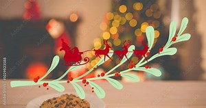 Santa sleigh and reindeer animation over festive holiday background with cookies