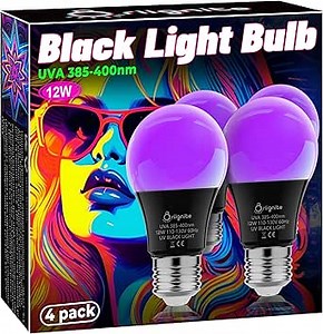 Briignite Black Light Bulbs, 12W LED Black Light Light Bulb for Halloween Decoration, UVA 385-400nm UV Light, A19 Blacklight Bulb for Glow in Dark, Body Paint Fluorescent Poster Glow Party, 4 Pack