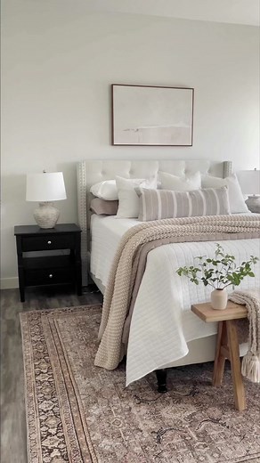 Amazon Bedroom Decor: Olive Tree, White Dresser, Beige Linen Bed