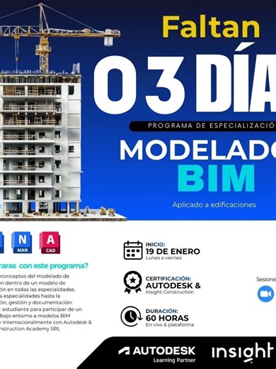 🚨 FALTAN 3 DÍAS 🚨 🏗️ Especialización Modelador BIM Aprende Revit, Navisworks y AutoCAD aplicado a edificaciones. 🎓 Certificación Autodesk 📅 Inicio: 19 de enero | 💻 En vivo por Zoom 👉 Inscríbete ya: https://wa.me/59177297698 #construction #ingenieriacivil #civilengineering #obras #arquitectura
