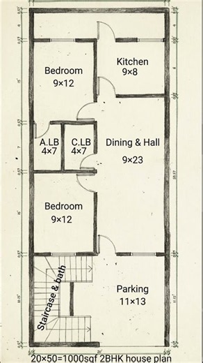 20×50=1000 SQFT, 2BHK House Plan
