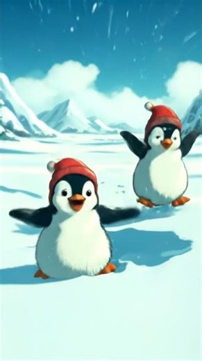 Two baby cartoon penguins jumping and playing in the snow ❄️