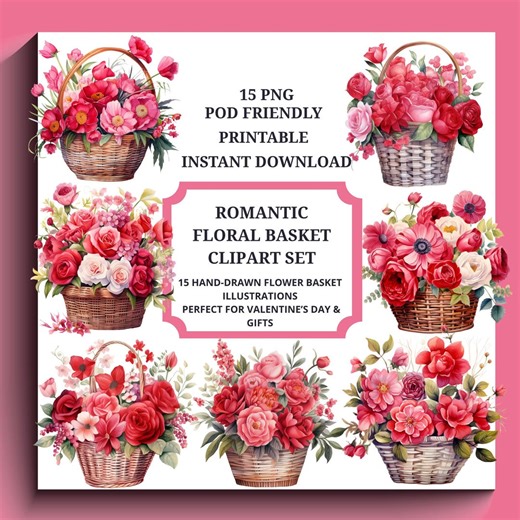 Floral Basket Clipart Set, Vintage Flower PNG (digital Download) - Etsy