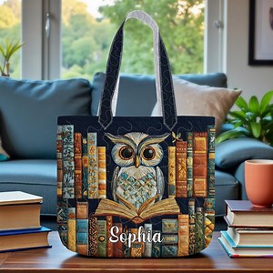 Owl Reading Books Quilt Tote Bag, Book Lover Gift Tote, Artistic Owl and Book Stack Bag, Library Tote for Readers, Literary Canvas Bag - Etsy