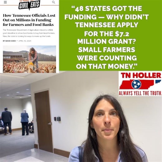 WATCH: “48 states got the funding - why didn’t Tennessee apply for the $7.2 MILLION grant to support small farmers & food banks? They were counting on that💰.” @tnagriculture @govbilllee is this incompetence? Cruelty? Should be a bigger story. More: https://buff.ly/4ajD077 | The Tennessee Holler