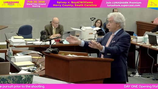 Join the LIVE Broadcast Friday, February 20th, 2026 as we share the Spivey v. Boyd/Williams “stand your ground” hearing which continues near 9:00 am at the Horry County Courthouse. Consider joining LUNASHARK Premium as a Soak Up The Sun member from your member dashboard to join the stream with Mandy, Liz and the LUNASHARK Team. https://lunashark.supercast.com The hearing will decide if Weldon Boyd and Bradley Williams will be granted immunity in the shooting death of Scott Spivey on September 9,