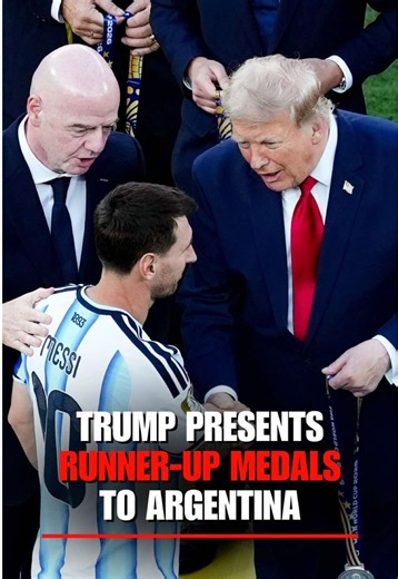President Trump presents runners-up medals to an emotional Lionel Messi and his Argentina teammates after a 1-0 extra-time loss to Spain in the FIFA World Cup Final. The loss could mark Messi's final World Cup game after a tournament during which he scored eight goals and had four assists.