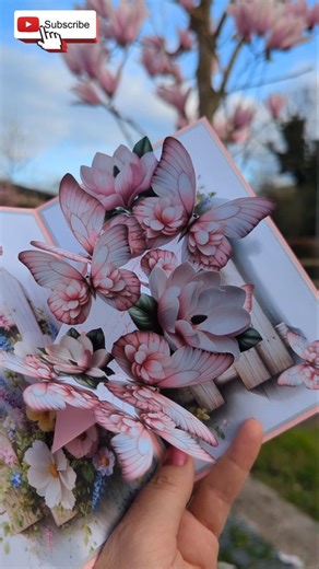 pink magnolia pop-up card with flowers and butterflies for Easter #cardcreations