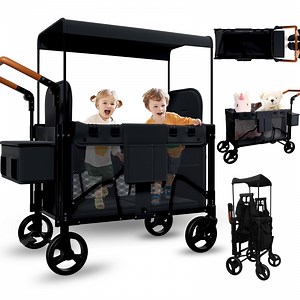 Vipsafe Foldable Wagon Stroller for 2 Kids, Multifunctional Wagon with Detachable Canopy, Adjustable Handlebars, Removable Seats, and Easy Storage