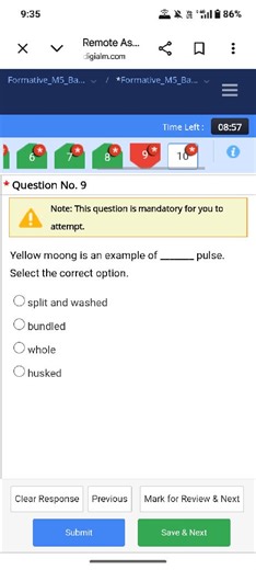 Question No. 9  Yellow moong is an example of __ pulse. Select ... | Filo