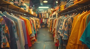 Secondhand clothes racks with assorted garments for sale at a charity shop. Concept Secondhand Clothing, Charity Shop, Assorted Garments, Garment Racks, Sustainable Fashion