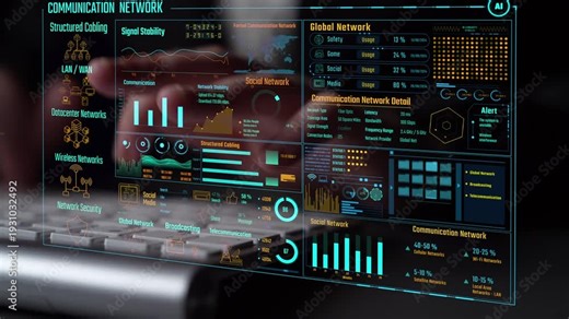 Data center monitoring dashboard visualize network performance, connection status, usage rate, and telecommunication insight. Data center monitoring efficiency improvement network transparency. Thunk
