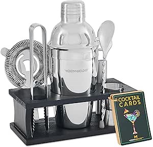Modern Mixology Cocktail Shaker Set - 8 Piece Bartender Kit with Martini Shaker and Popular Bar Accessories on Quality Pine Stand - Leak Proof Design (Silver)