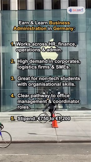 GoGermany.GetGIS on Instagram: "Business Admin Jobs Growing Fast 👇 Business Administration is one of the fastest-growing career pathways in Germany — especially for students who prefer HR, finance, operations and administrative roles. It’s the perfect non-tech option with long-term job security and excellent growth potential. 🎓 Earn & Learn Business Administration Programs Monthly stipend: €750 to €1,200 Learn office operations, HR support, finance basics and business coordination Train direct