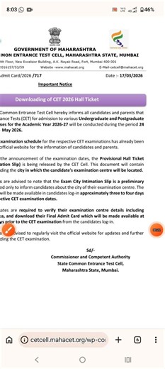 B. Ed. CET Hall Ticket / Admit Card (@science corridor