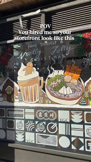 🧚🏻 𝓪𝓽𝓱𝓮𝓷𝓪🦕 on Instagram: "That’s a wrap on all my hand painted windows of 2025 🍤✨ I started this journey last September, and it has been one of the best things to happen to me. Feeling incredibly grateful for all the love and support, and super excited for what’s to come this year 😚 DM for bookings! #windowpainting #windowart #shopwindow #handpainted #windowartist"