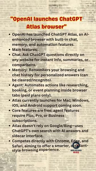 "OpenAI launches ChatGPT Atlas browser" #chatgpt #atlasbrowser #viral #feeds #breakingwire #shorts
